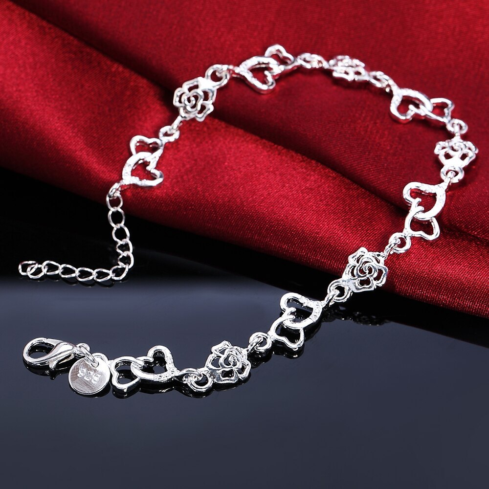 Special offer fashion 925 Stamp Silver color Bracelet for woman romantic heart flowers chain fine jewelry Wedding party gifts
