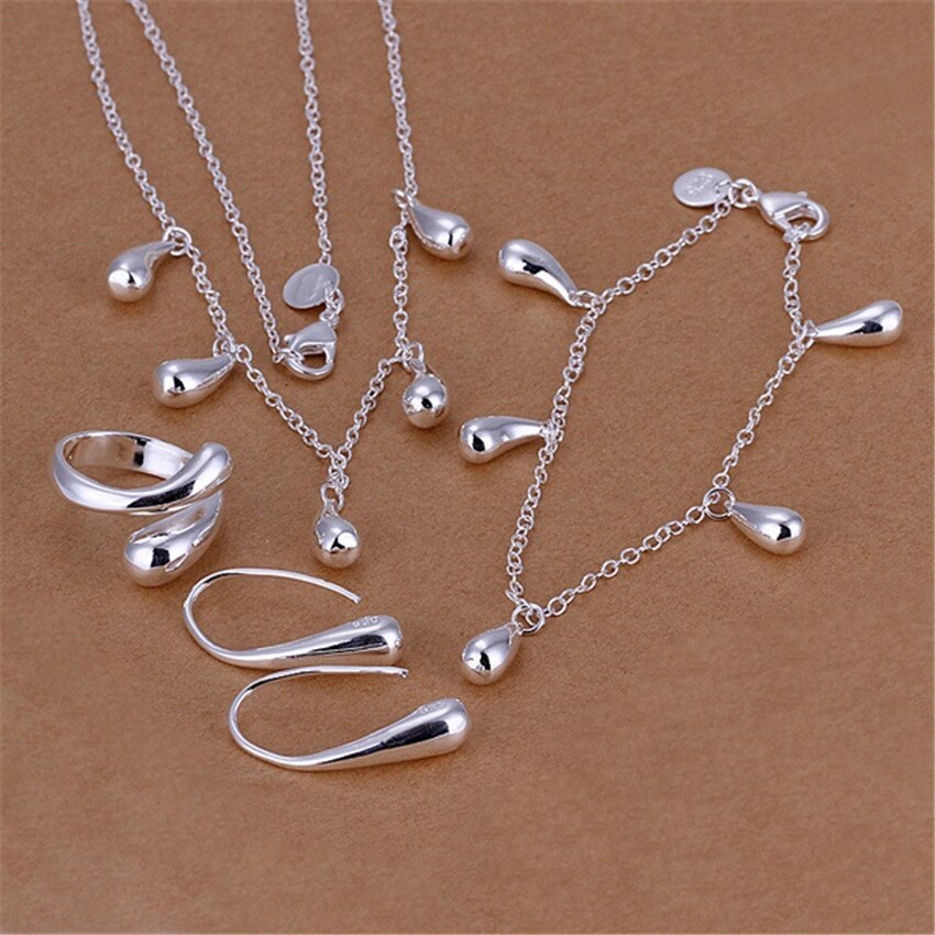 Special offer 925 Stamp Silver color Water drop Bracelet necklace earrings rings Jewelry set for women Fashion Party Gift