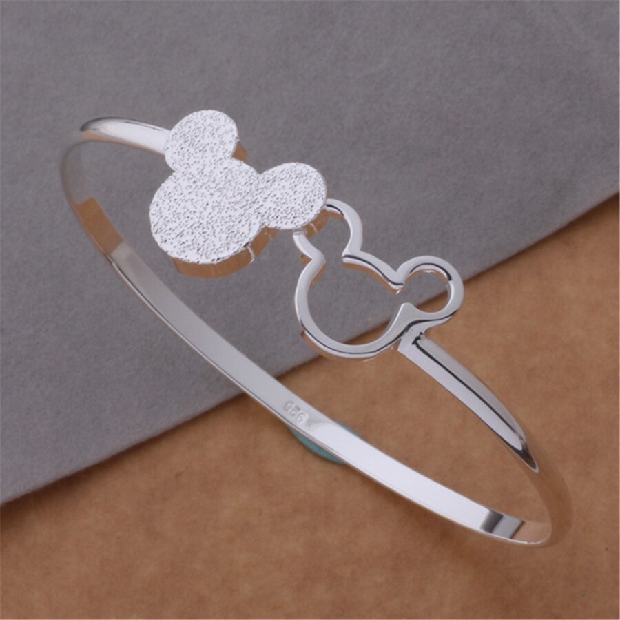Fashion hot 925 Stamp Silver color Bracelets fine Frosted Mickey bangle for Women adjustable Party wedding Gifts Jewelry student