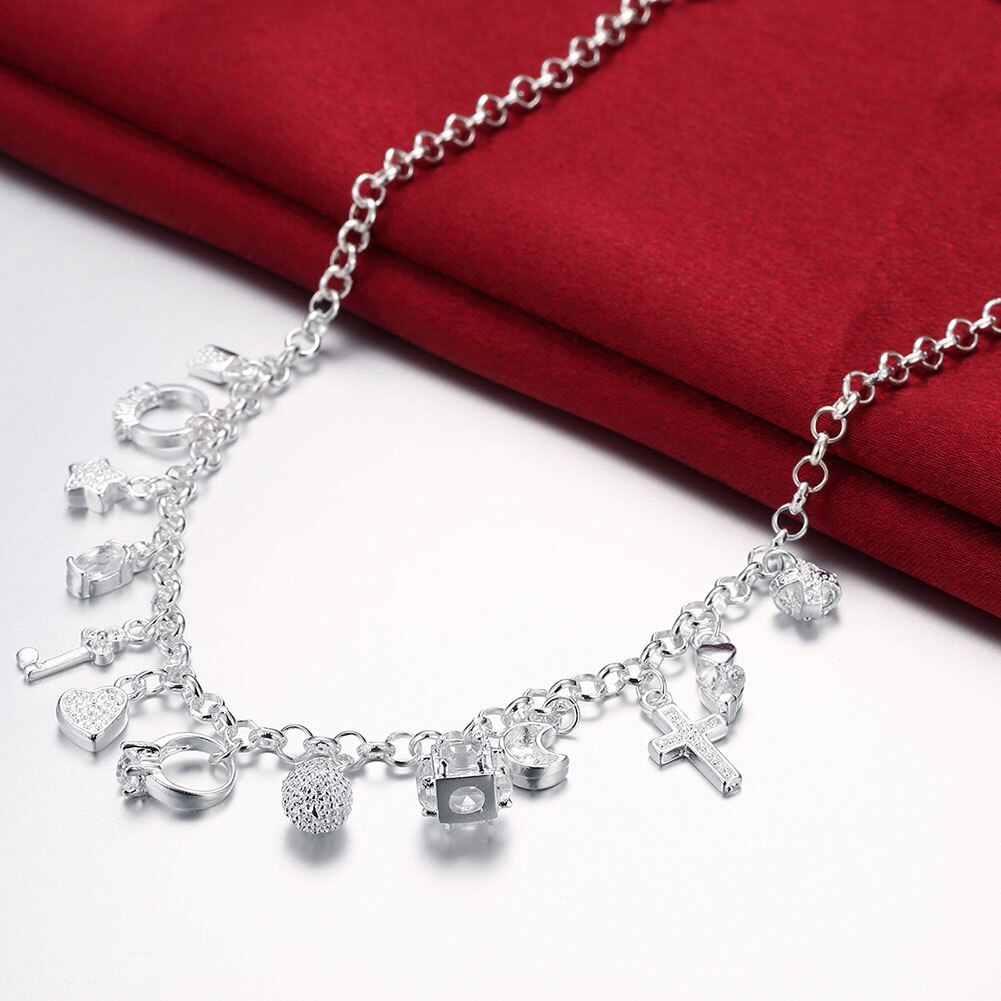 Factory Direct 925 Stamp Silver color 18 inch Shiny zircon key moon heart star cross All-match necklace gift fine Jewelry