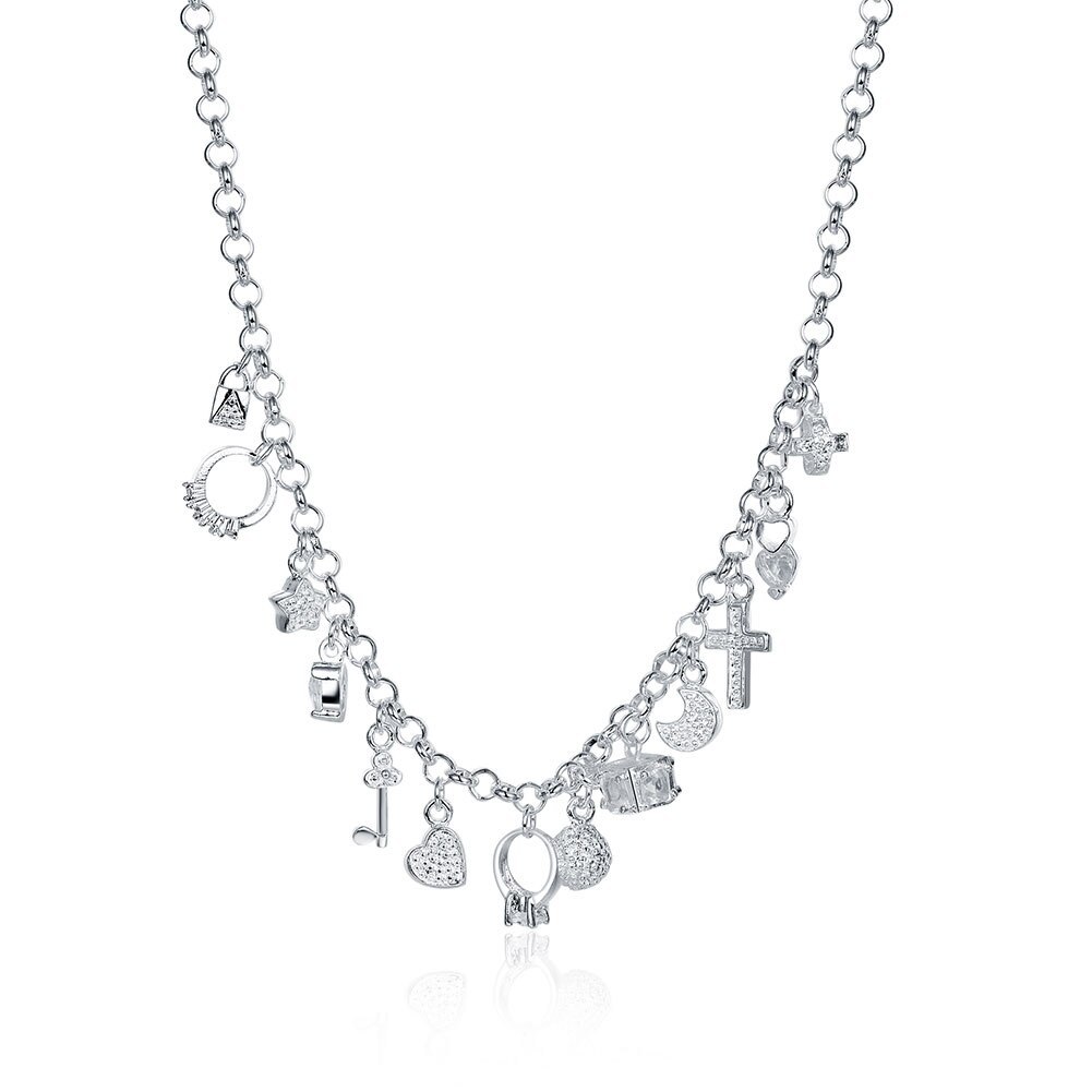 Factory Direct 925 Stamp Silver color 18 inch Shiny zircon key moon heart star cross All-match necklace gift fine Jewelry