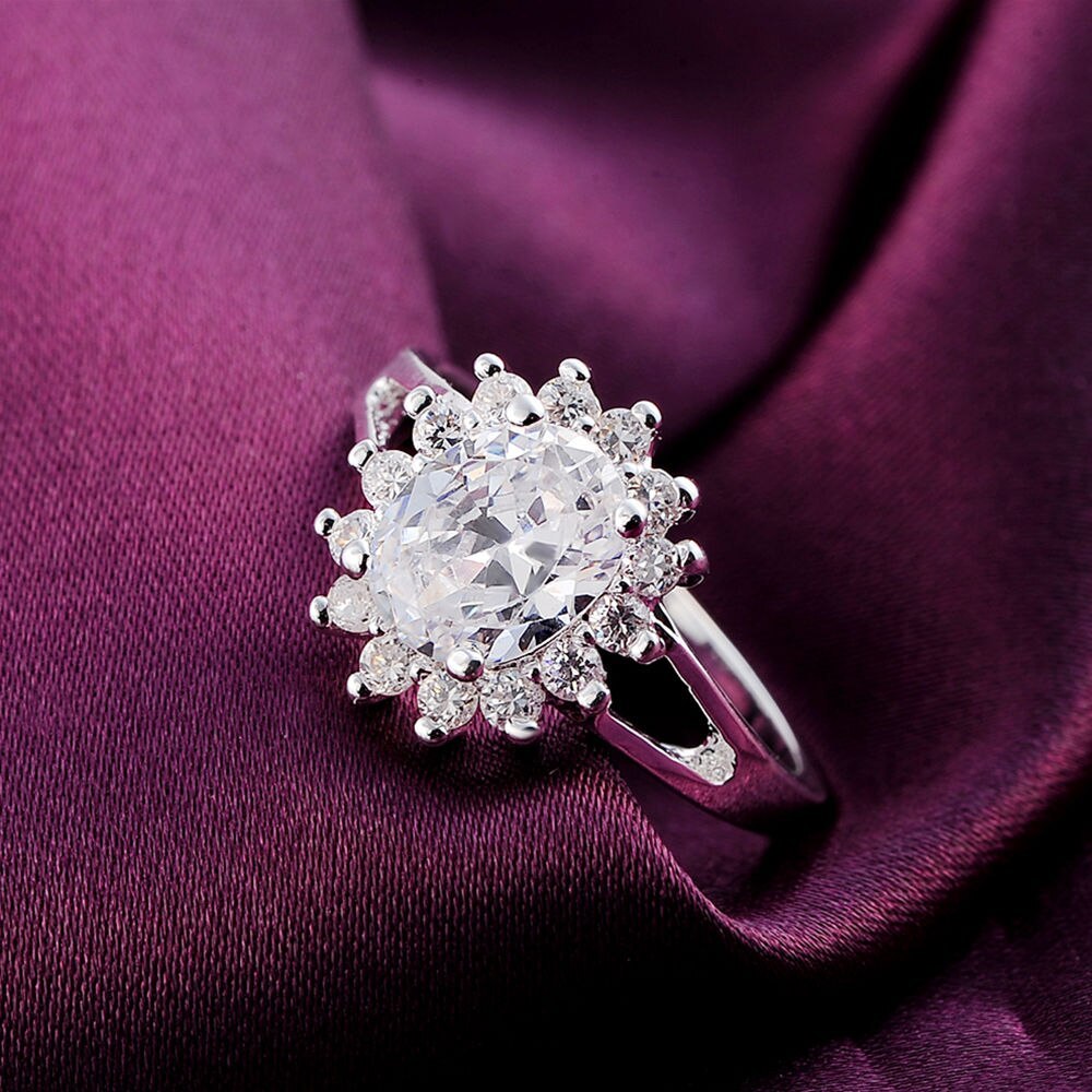 925 Stamp Silver color Shiny crystal flower Rings For Women Fashion Wedding Party Gifts Girl Charm engagement ring Jewelry