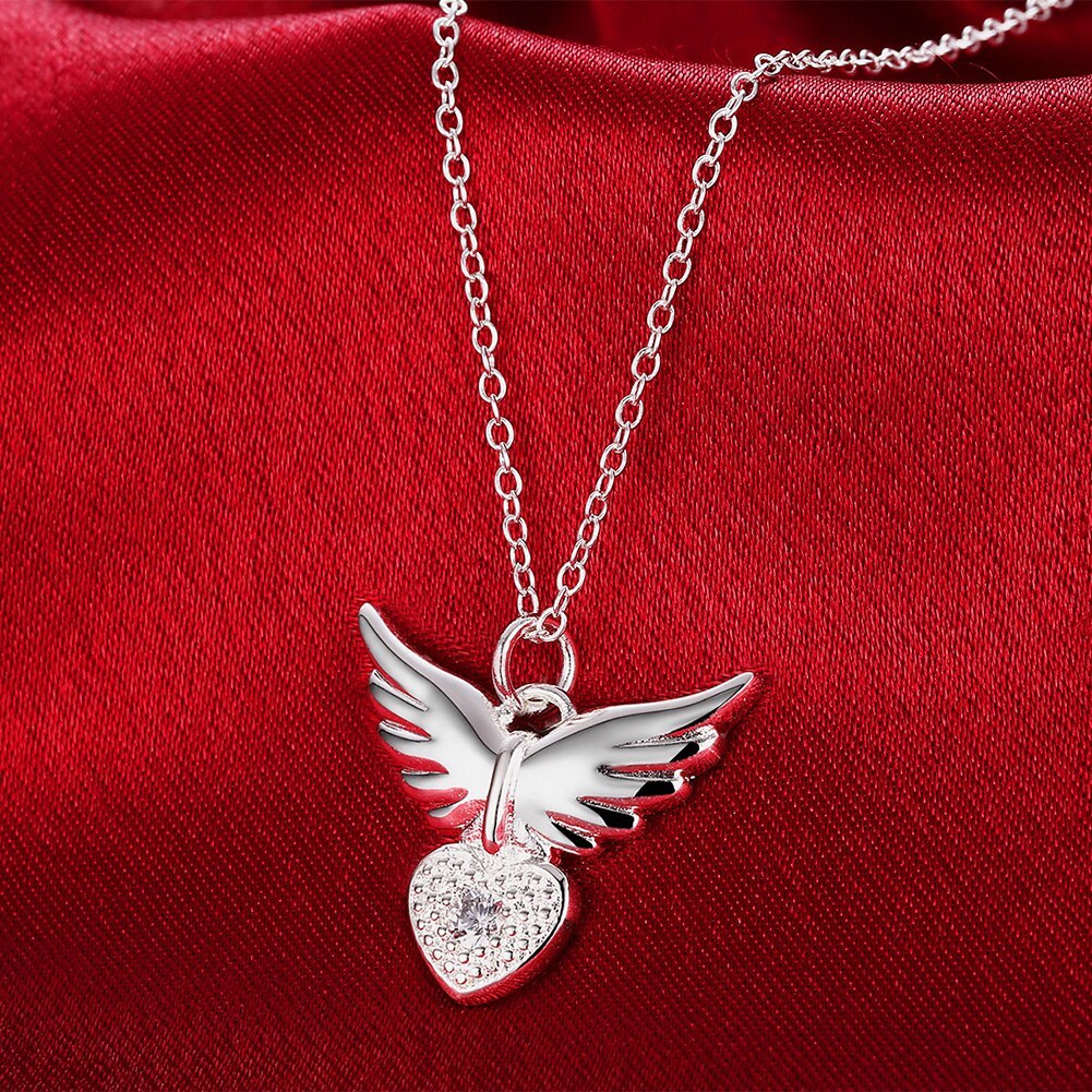 New 925 Stamp Silver color 18 inches Zircon elegant Heart wings Pendant Necklace For Women Fashion wedding Jewelry Gifts