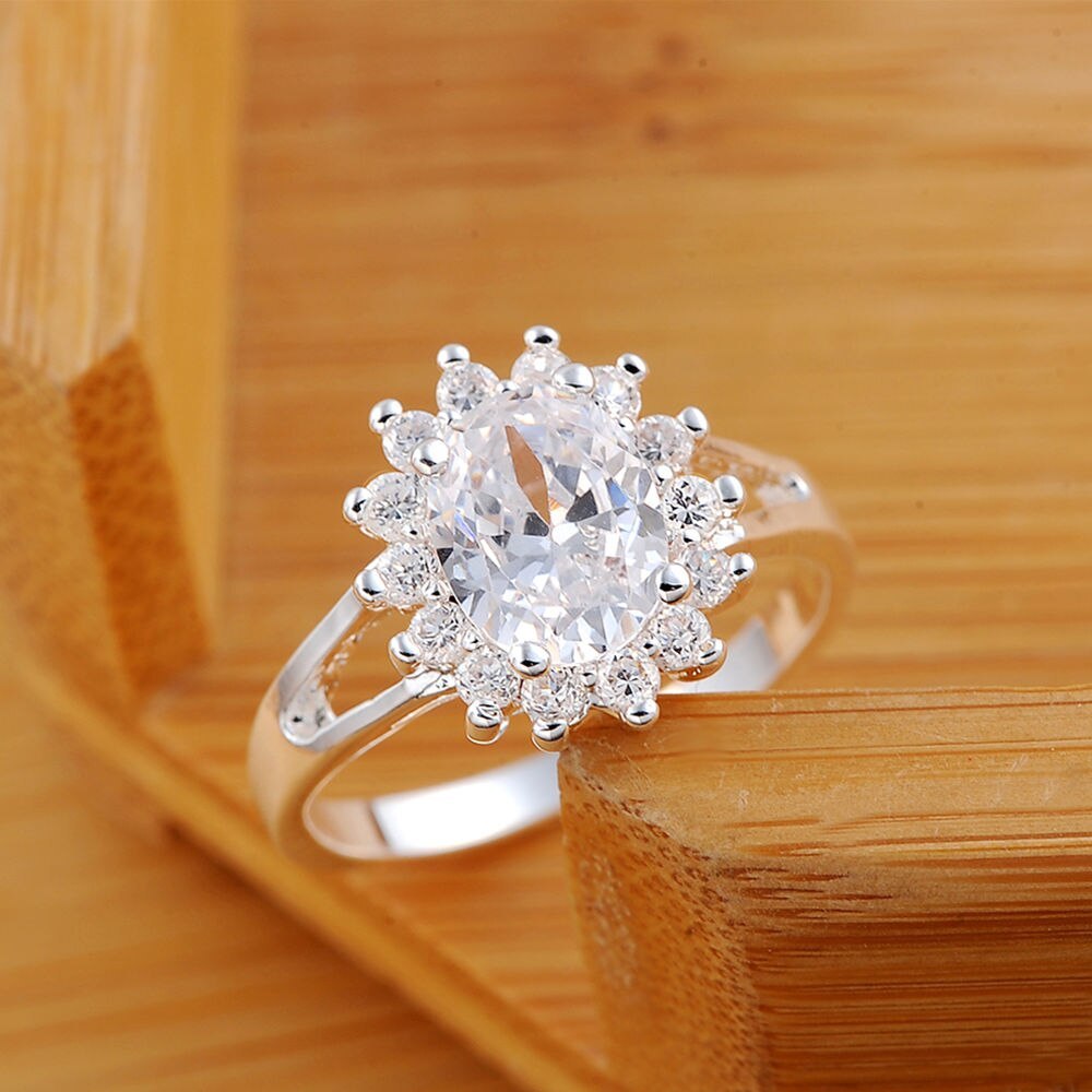 925 Stamp Silver color Shiny crystal flower Rings For Women Fashion Wedding Party Gifts Girl Charm engagement ring Jewelry