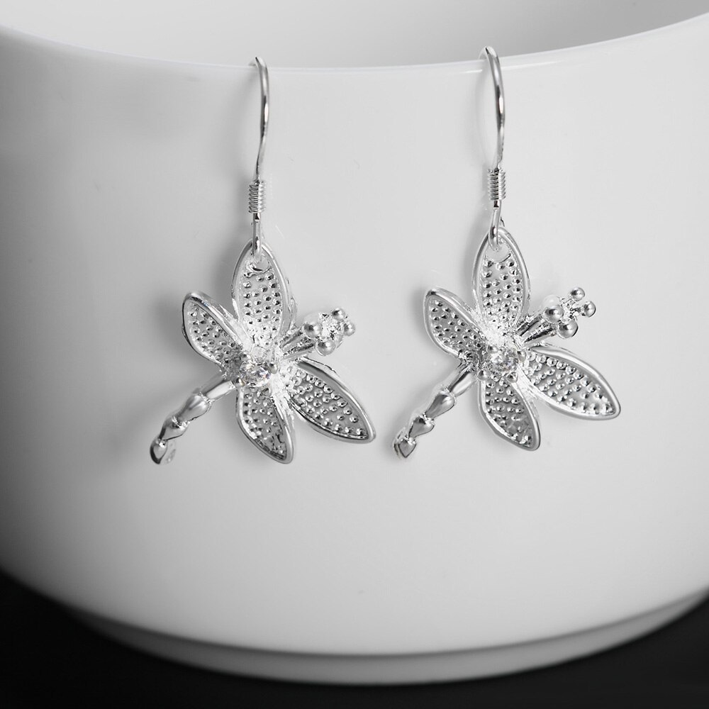 Hot sale fine Jewelry 925 Stamp Silver color Earrings for Woman Fashion crystal dragonfly earrings Gifts for girlfriends