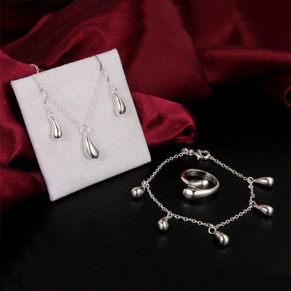 New 925 Stamp Silver color water drop pendant necklace bracelet earrings rings Jewelry set for women fashion Party wedding gifts