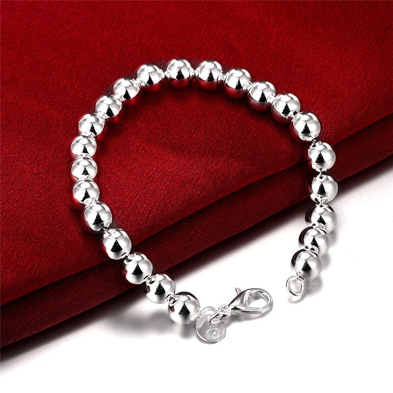 Hot sale fashion 925 Stamp Silver color Bracelet for woman fine 8MM Bead chain Wedding party Christmas Gift high quality Jewelry