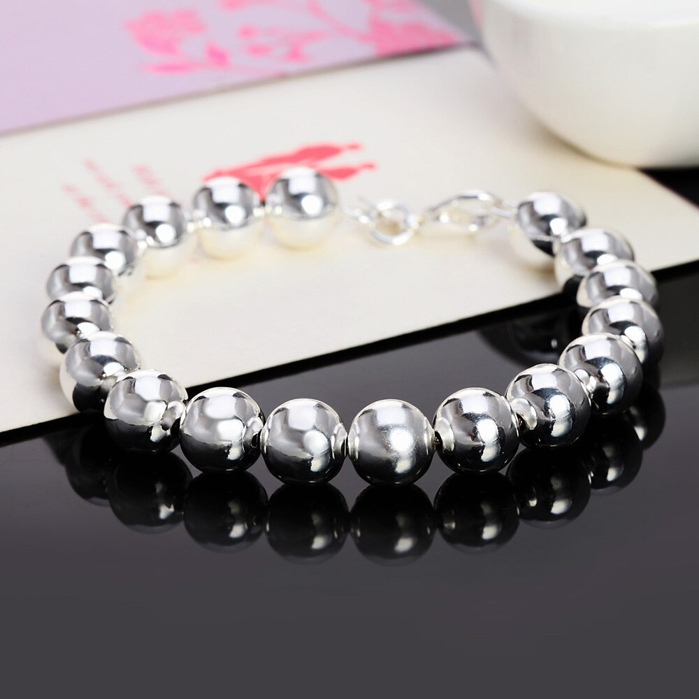 Hot sale fashion 925 Stamp Silver color Bracelet for man woman classic 10MM Bead chain Wedding party Christmas Gifts new Jewelry