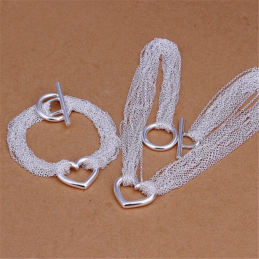 925 Stamp Silver color charm Tassel Chain Heart bracelets neckalce jewelry set for women Fashion Party wedding  gift