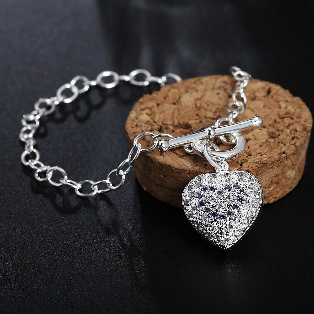 Factory direct fashion 925 Stamp Silver color Bracelet for woman fine crystal heart pendant Luxury jewelry Wedding party gift