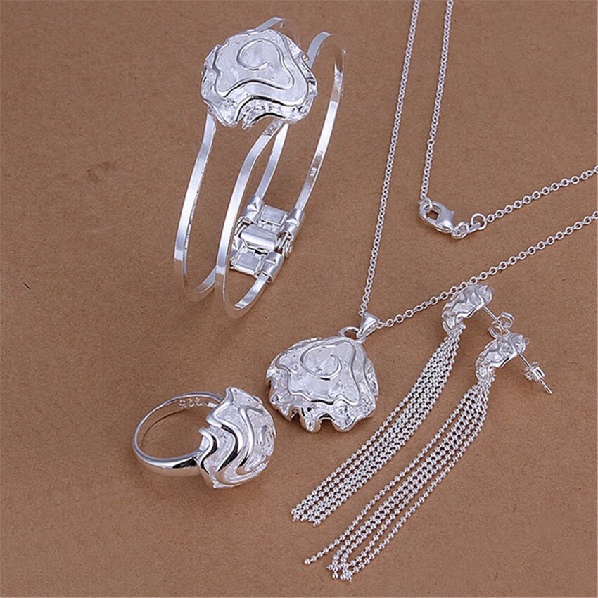 925 Silver rose flower pendant bangle rings Bracelets necklaces earrings stud Jewelry set for women Fashion wedding Party gifts
