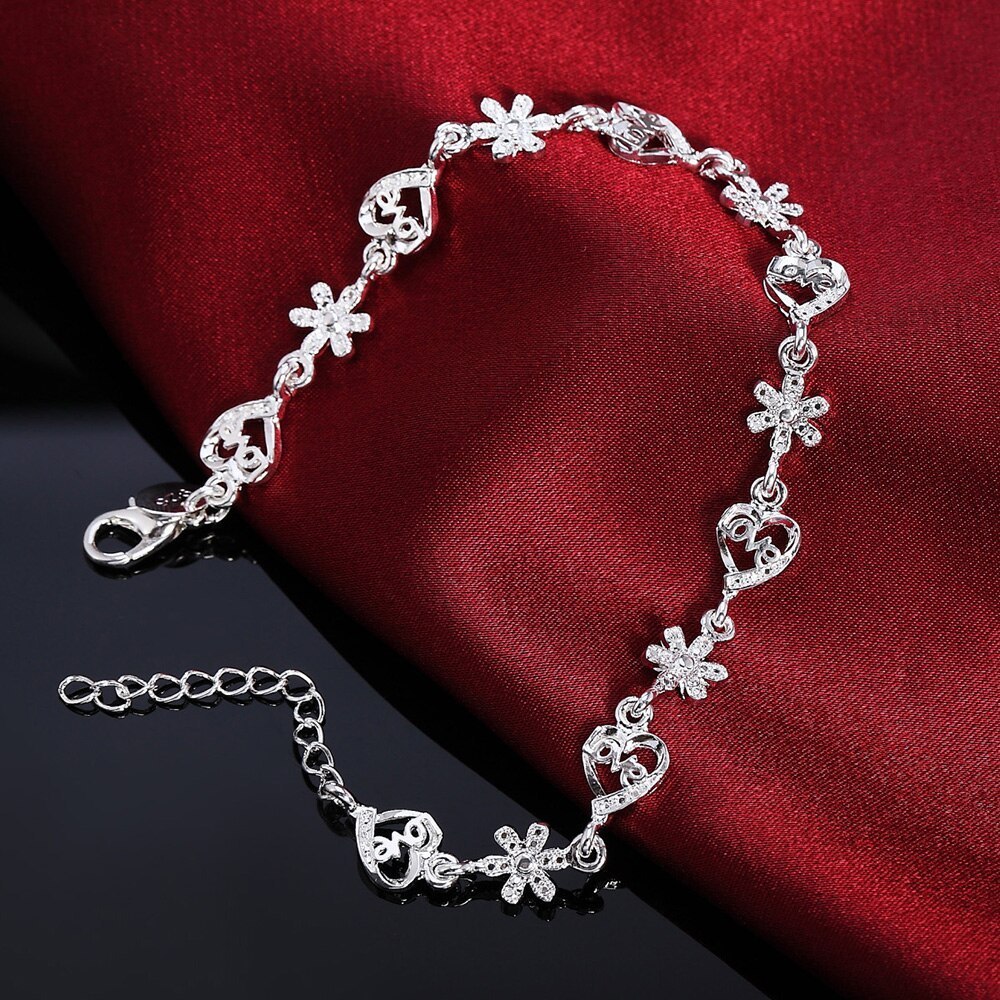 Fashion 925 Stamp Silver color Bracelet for woman crystal romantic heart flowers chain fine jewelry Wedding party lady gifts