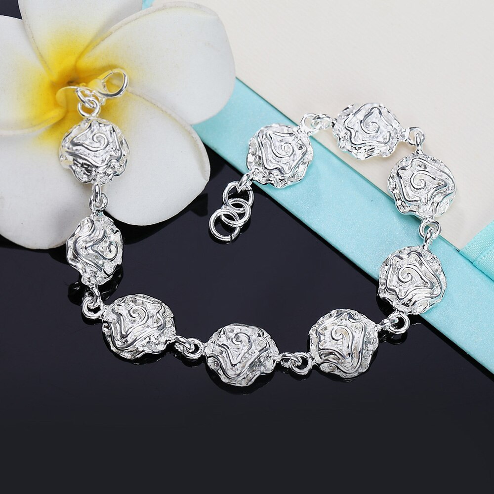 Hot sale fashion 925 Stamp Silver color Bracelet for woman Pretty Rose flower chain Wedding party Christmas Gifts good Jewelry