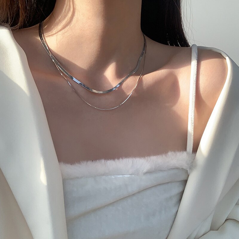 Fine 925 Stamp Silver color Flat snake chain necklace set jewelry for Men Women Charms wedding fashion Valentine's Day gift