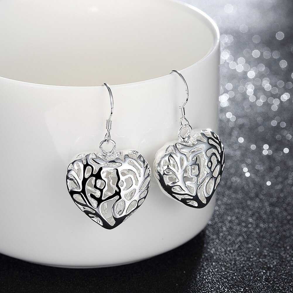 New 925 Stamp Silver color Earrings for Women Beautiful hollow big heart Earrings Fashion Gifts Wedding party Jewelry