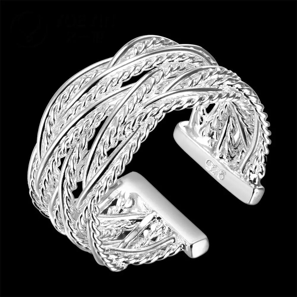 925 Stamp Silver color rings Bracelets Jewelry set fine wide Weave bangles adjustable size Fashion wedding Party Holiday gifts