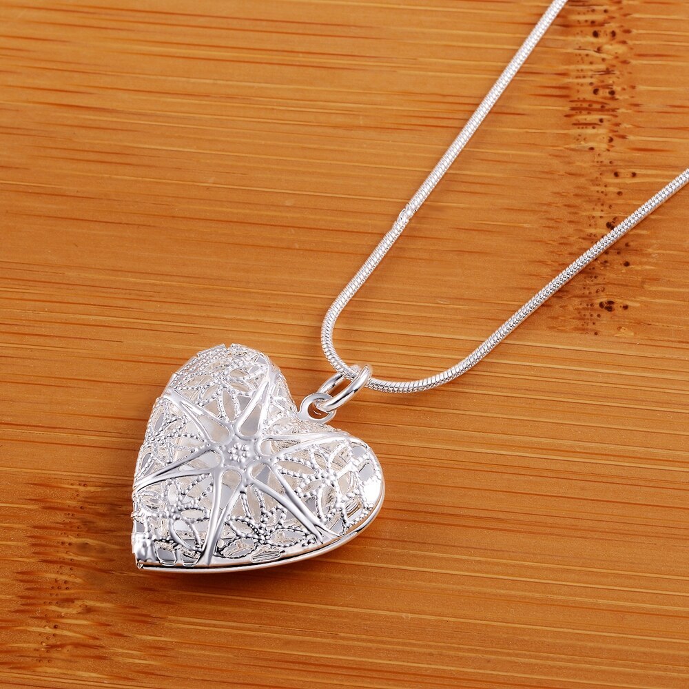 Hot 925 Stamp Silver color Pattern heart photo frame Pendant Necklace For Women 18 inches Christmas gift fashion wedding Jewelry