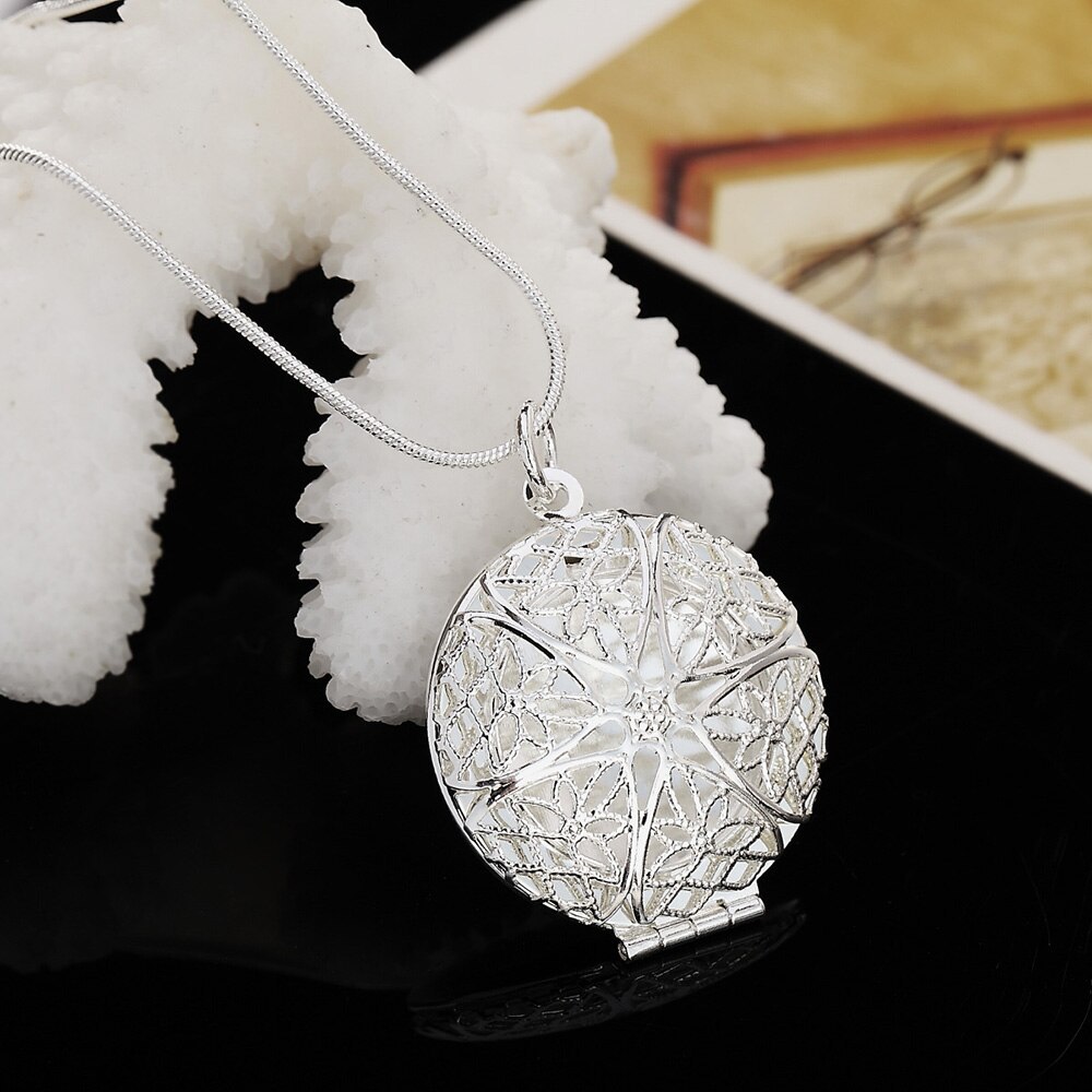 Hot 925 Stamp Silver color Round photo frame Pendant Necklace For Women 18 inches Christmas gift fashion wedding party Jewelry