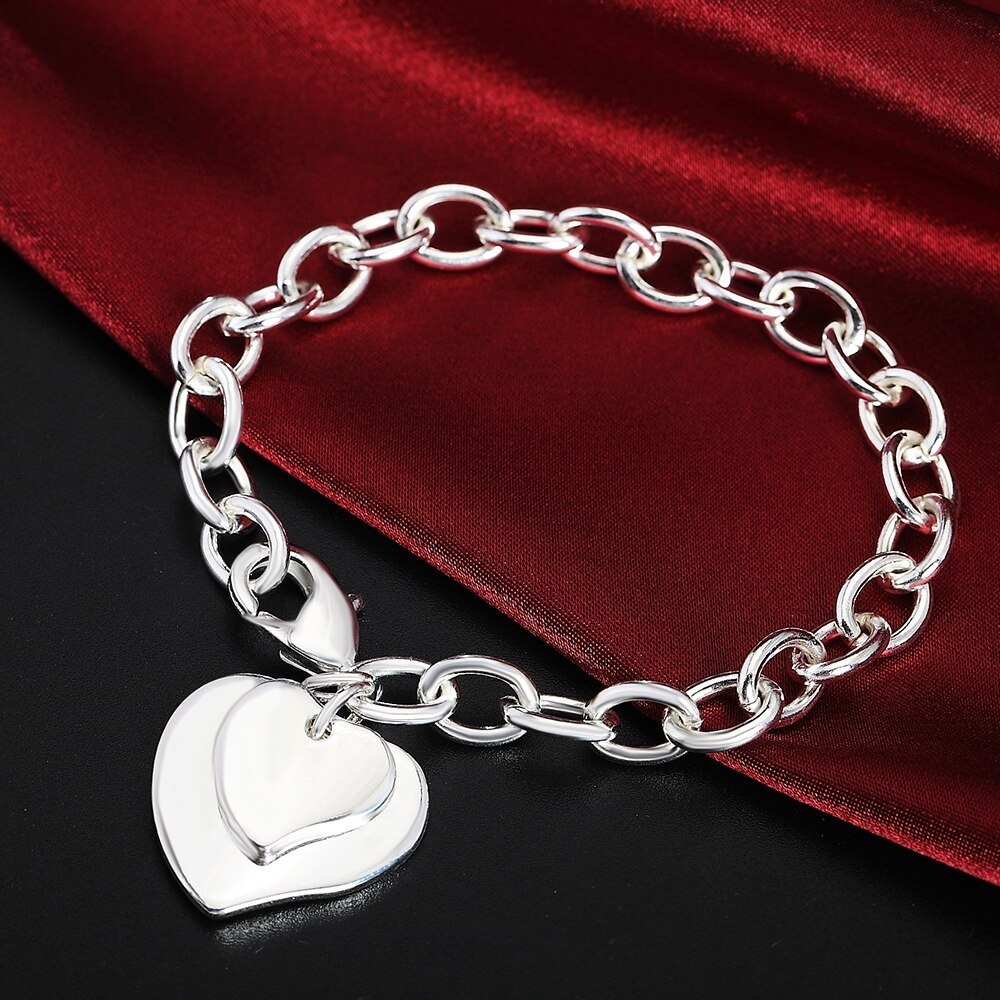 Factory direct fashion 925 Stamp Silver color Bracelet for woman double Heart card pendant chain jewelry Wedding party lady gift