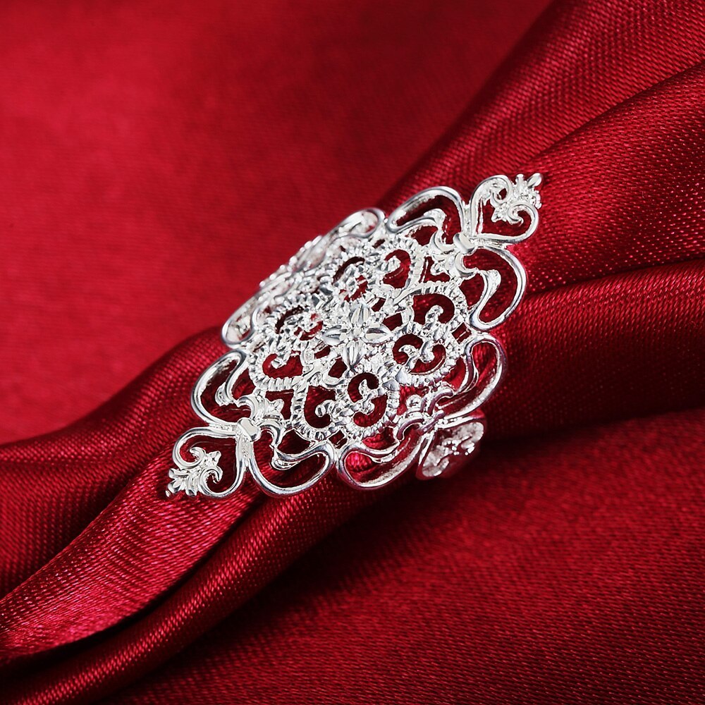 Hot luxury 925 Stamp Silver color Rings For Women fine wide Retro elegant flower Fashion Party Gifts Girl  Charm wedding Jewelry