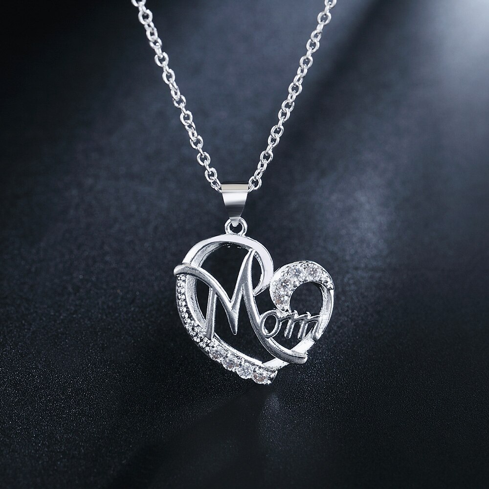 Romantic 925 Stamp Silver color Charm MOM AAA Zircon Heart Pendant Necklace For Women Fashion Jewelry 18 inches Gifts