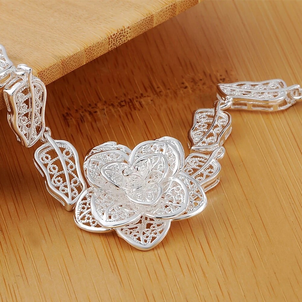 Hot new 925 Stamp Silver color fine flower Pendant necklace bracelet Jewelry sets for women Fashion Party wedding Christmas Gift
