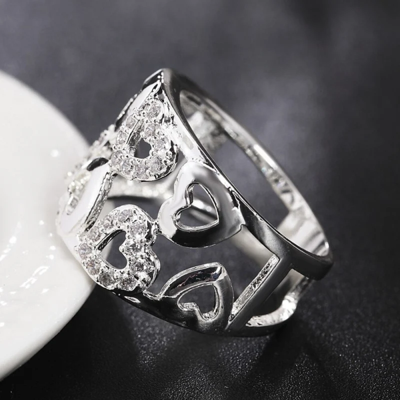 Hot new 925 Stamp Silver color Rings For Women wide fine crystal heart Fashion Party Gift Girl Charm wedding luxury Jewelry
