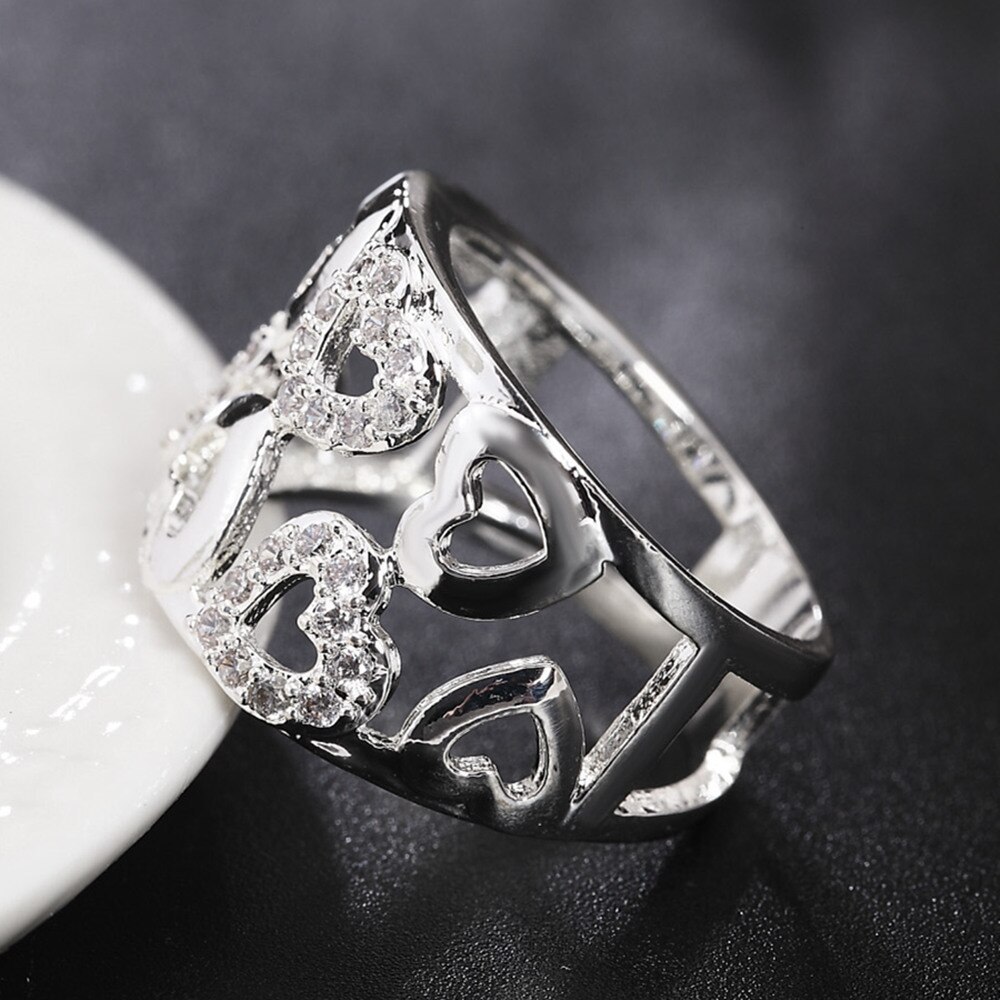 Hot new 925 Stamp Silver color Rings For Women wide fine crystal heart Fashion Party Gift Girl Charm wedding luxury Jewelry