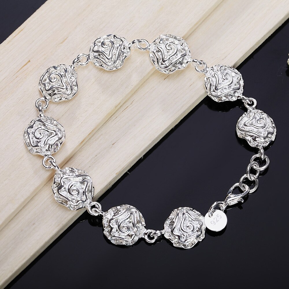 Hot sale fashion 925 Stamp Silver color Bracelet for woman Pretty Rose flower chain Wedding party Christmas Gifts good Jewelry