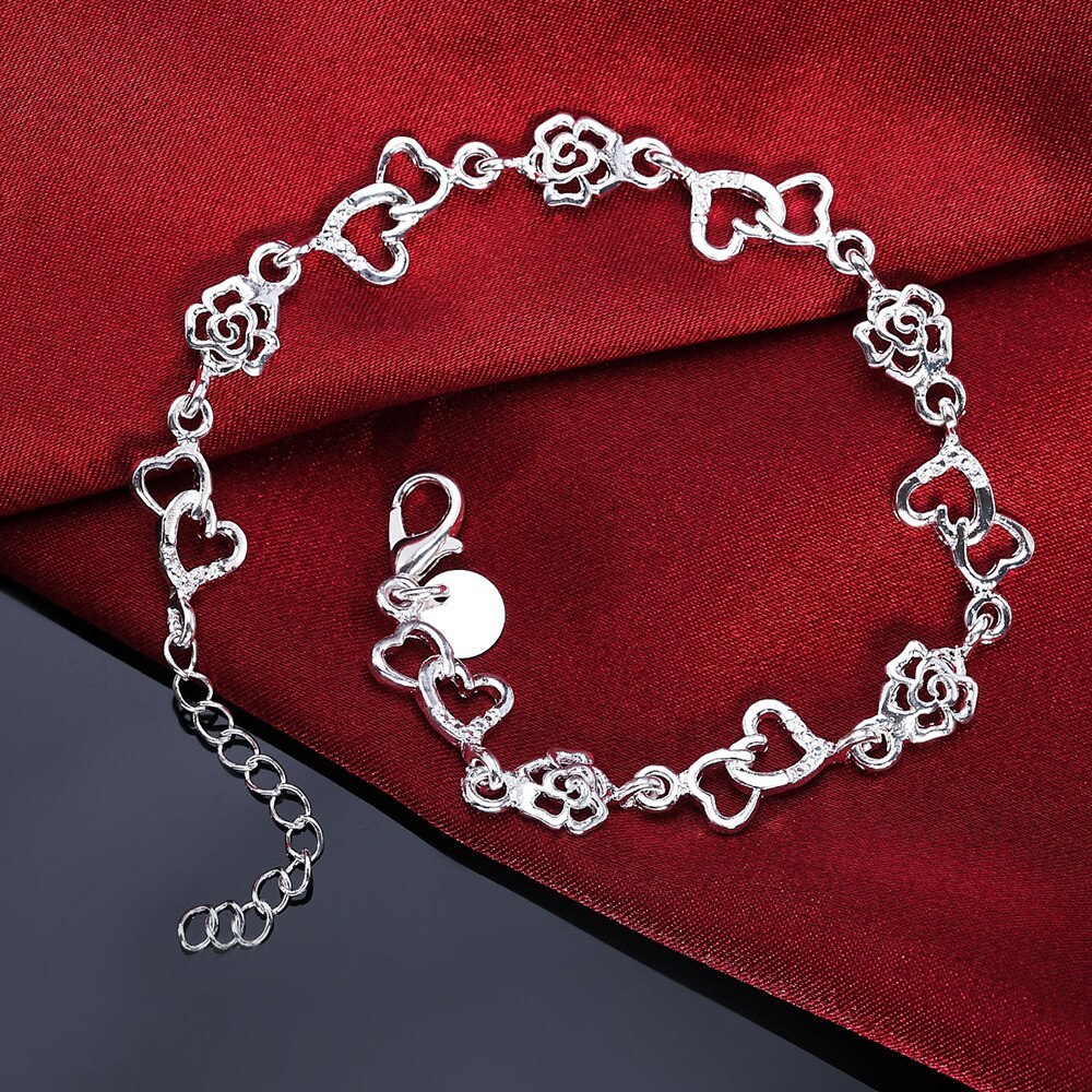 Special offer fashion 925 Stamp Silver color Bracelet for woman romantic heart flowers chain fine jewelry Wedding party gifts