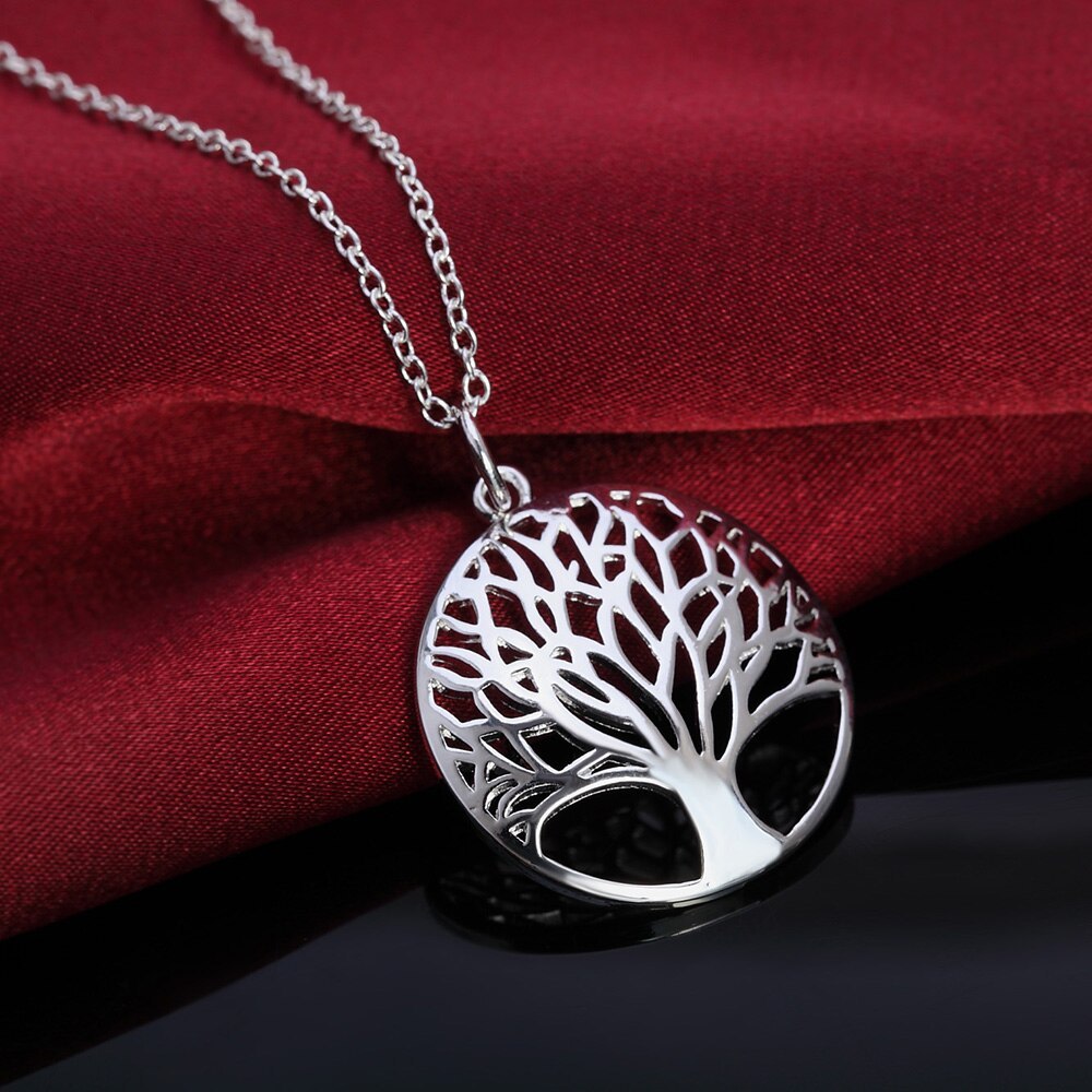 Noble 925 Stamp Silver color Fashion Jewelry Charm Round tree Pendant Necklace For Women 18 inches Hot sale Wedding Gifts