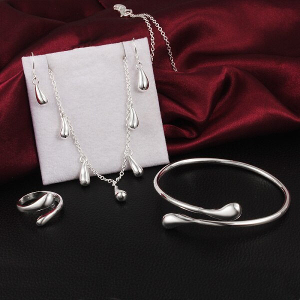 Fine woman water drop necklace earring ring bracelet bangles 925 Stamp Silver color Jewelry set Party wedding fashion gifts