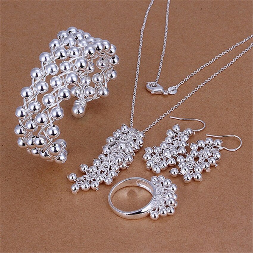 Fine Grape beads pendant bangle 925 Stamp Silver color Jewelry set earrings bracelet rings necklaces for women wedding Party