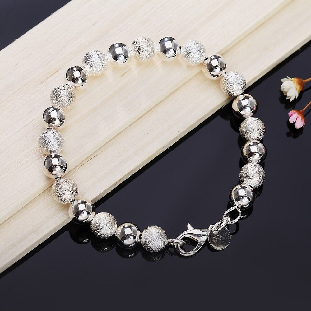 New charm 925 Stamp Silver color Bracelet for woman man 8MM Frosted beads chain Wedding party Christmas Gifts fashion Jewelry