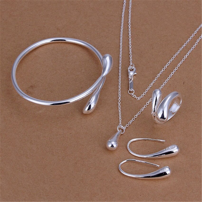 925 Stamp Silver color Water drop Pendant bangle Bracelet necklace earrings rings Jewelry sets for women Fashion Party wedding