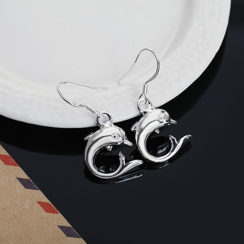 Hot sale 925 Stamp Silver color little dolphin drop Earrings for Women fashion lady Jewelry girl Christmas Gifts long earrings