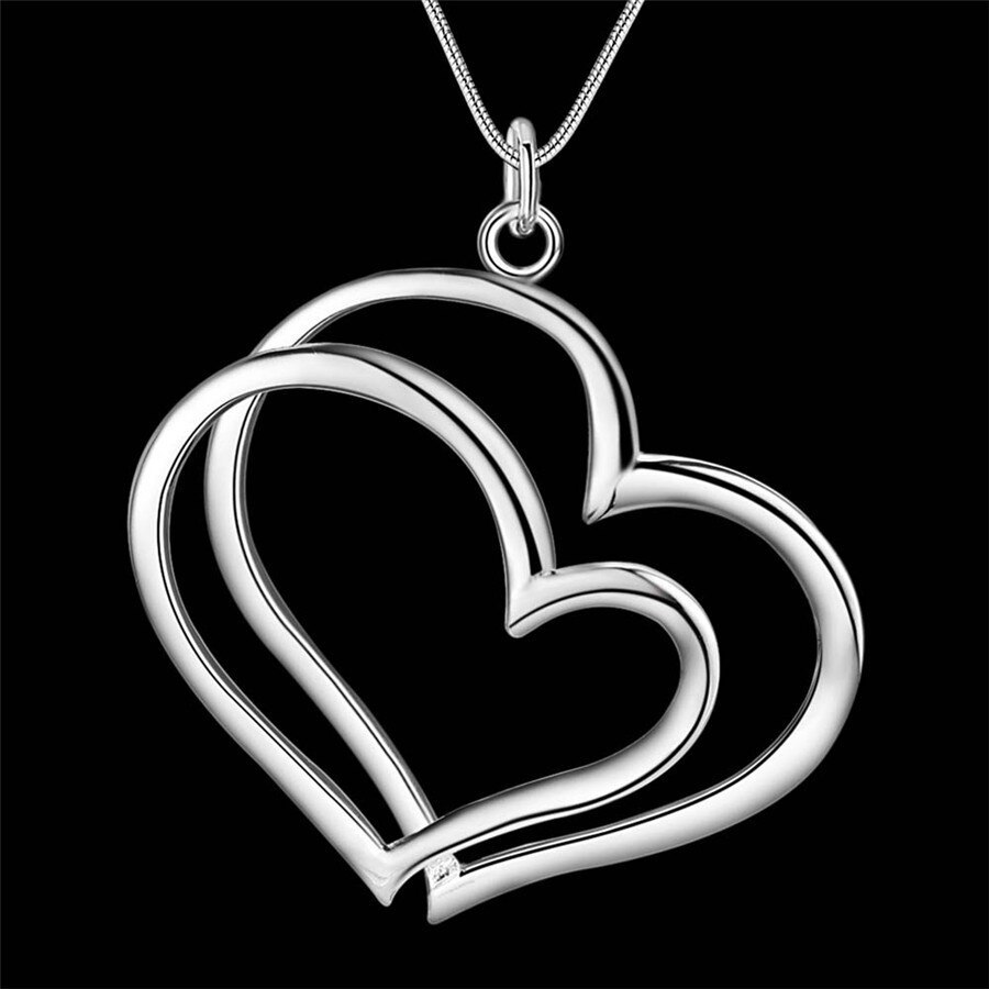 Nwe hot 925 Stamp Silver color fine Double Heart earrings stud necklace Jewelry sets for women Fashion Party wedding lady Gifts