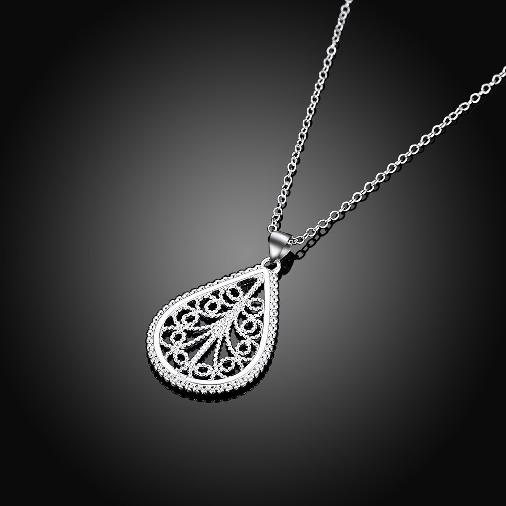 Classic 925 Stamp Silver 18 inches charms Drop shape Pattern Pendant Necklace For Women Fashion boble Jewelry Christmas Gifts