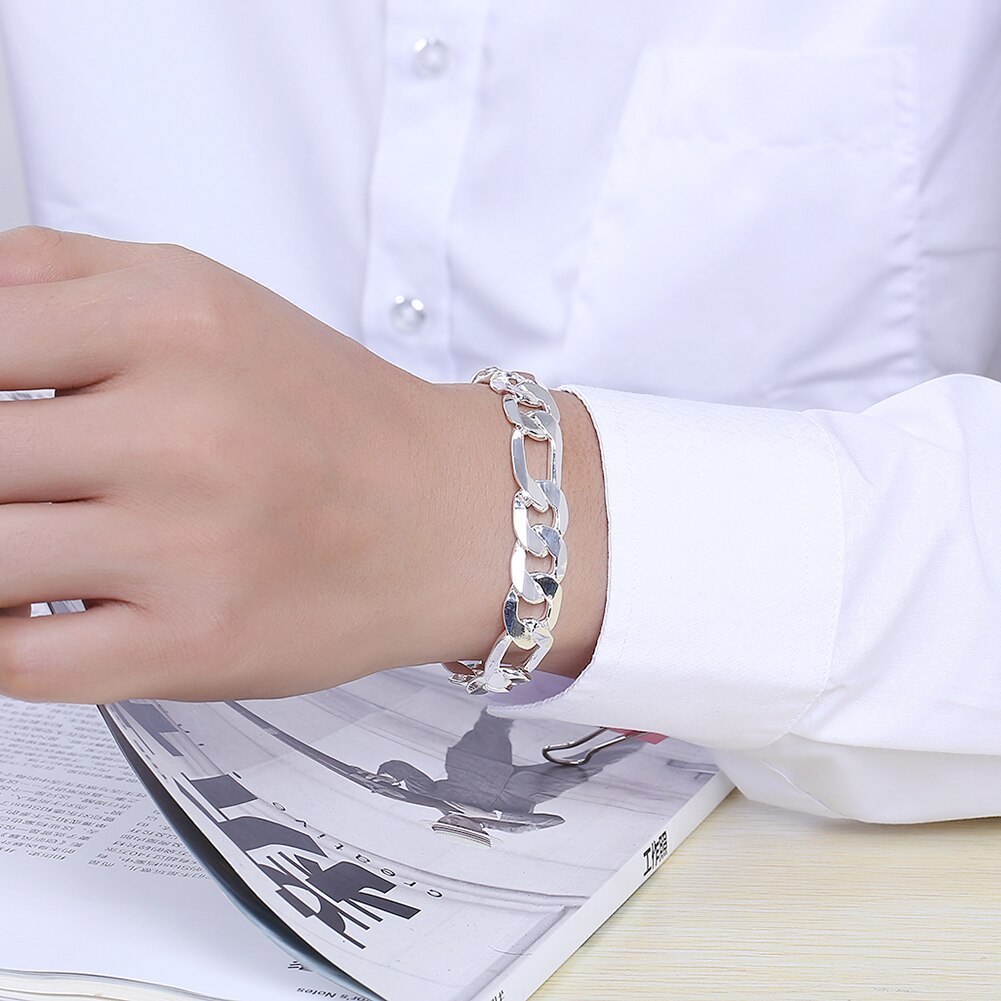 Hot sale fashion 925 Stamp Silver color Bracelet for man woman classic 12MM geometry chain Wedding party Gifts Street jewelry