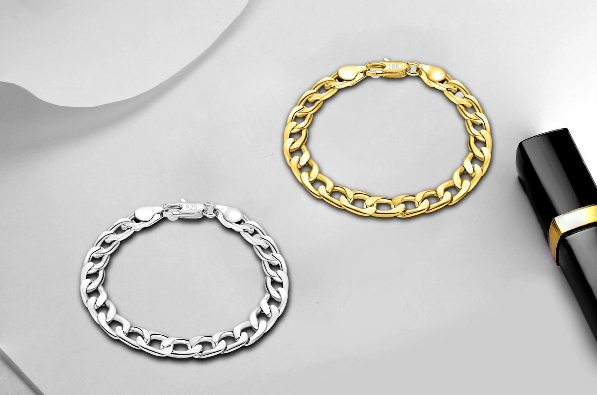 Charm 18K gold plated 8MM geometry 20CM Chain 925 Stamp Silver color Bracelet for Women men Fashion Wedding Gifts fine Jewelry