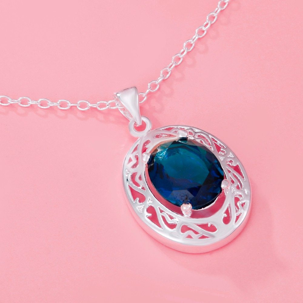 925 Stamp Silver Beautiful Blue Crystal Oval Pendant Necklaces For Women fashion party wedding engagement Jewelry birthday gifts