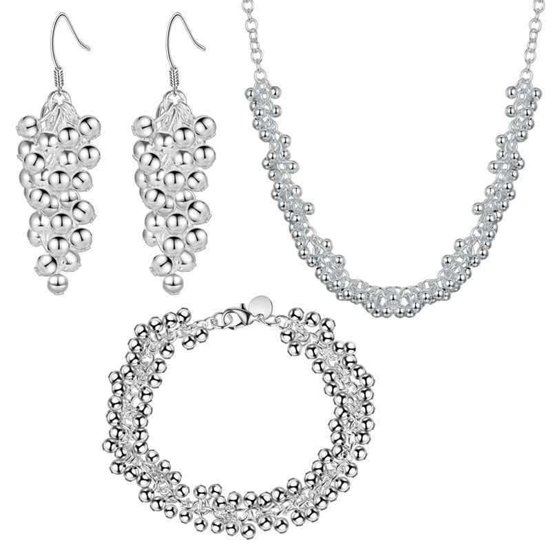 925 Stamp Silver color Grape beads necklace earrings bracelets jewelry set for women party wedding