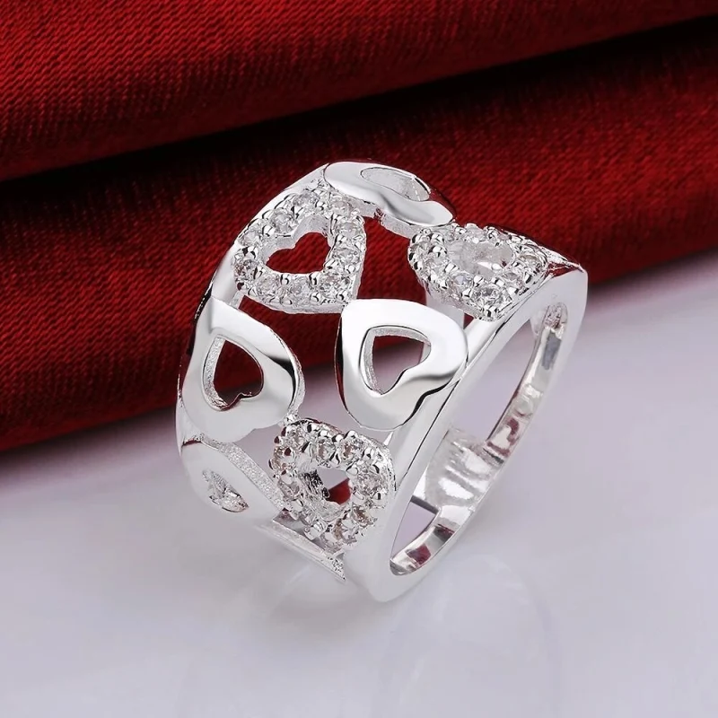 Hot new 925 Stamp Silver color Rings For Women wide fine crystal heart Fashion Party Gift Girl Charm wedding luxury Jewelry