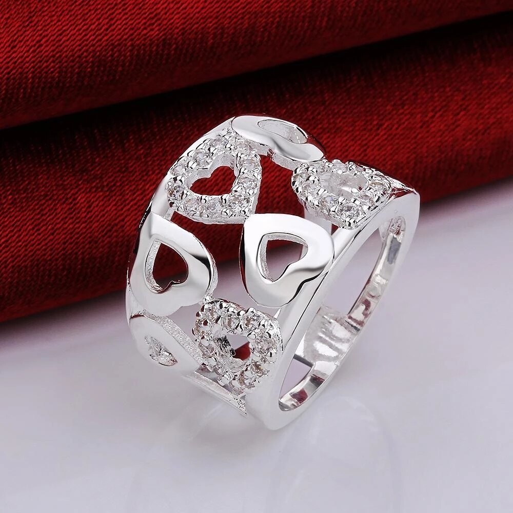 Hot new 925 Stamp Silver color Rings For Women wide fine crystal heart Fashion Party Gift Girl Charm wedding luxury Jewelry