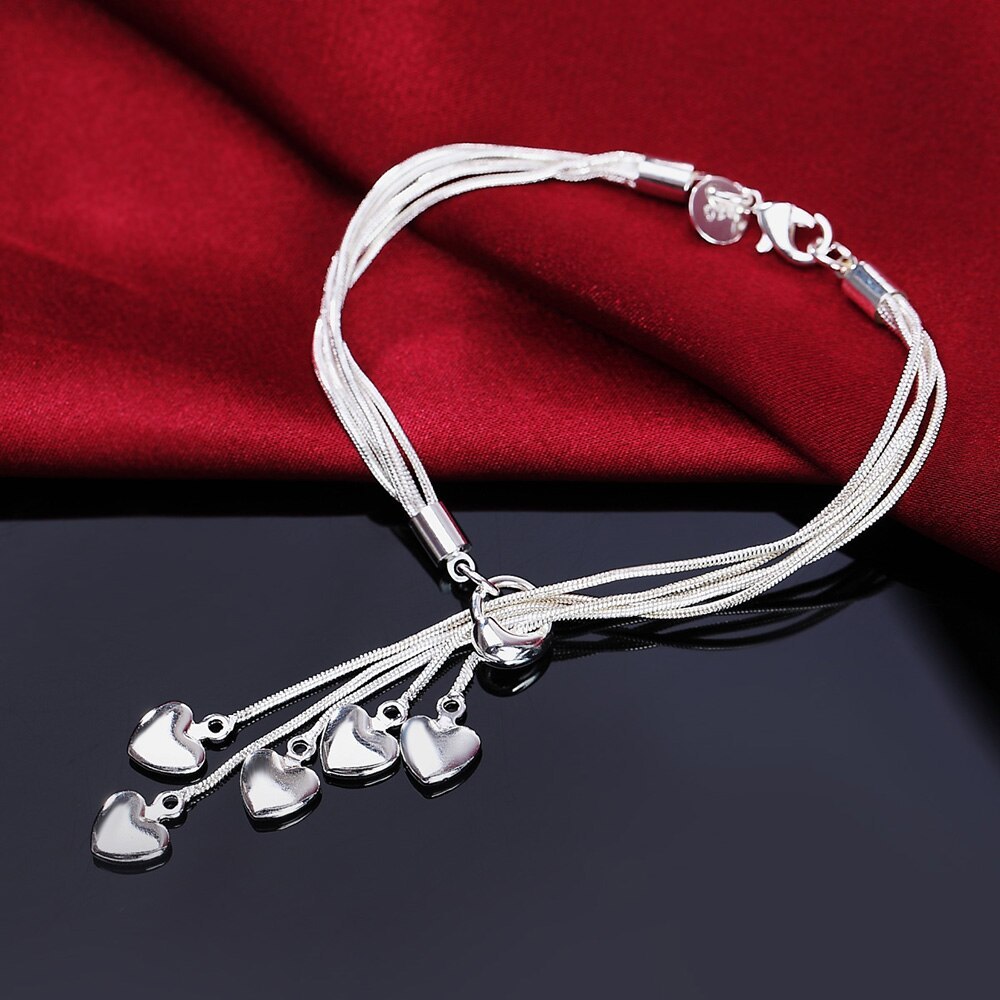 Fashion Women 925 Stamp Silver color tassels hanging heart Bracelets necklace Jewelry set Party Christmas Gift Girl wedding