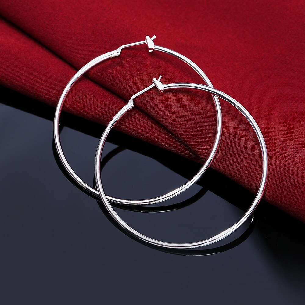 High Quality Solid 925 Stamp Silver color Earrings for Women Party Jewelry 5CM Big Circle Earrings Fashion lady Christmas Gifts