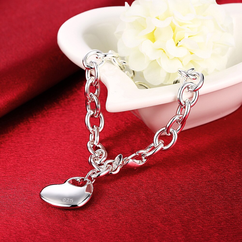 Factory direct fashion 925 Stamp Silver color Bracelet for woman Beautiful Heart Pendant chain fine jewelry Wedding party gift
