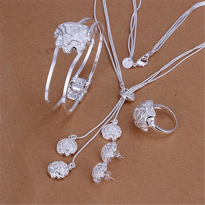 Luxury 925 Stamp Silver color rose flower bangle rings Bracelets necklace earring stud Jewelry set for women Fashion gift