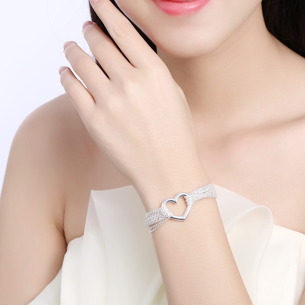 925 Stamp Silver color charm Tassel Chain Heart bracelets neckalce jewelry set for women Fashion Party wedding  gift