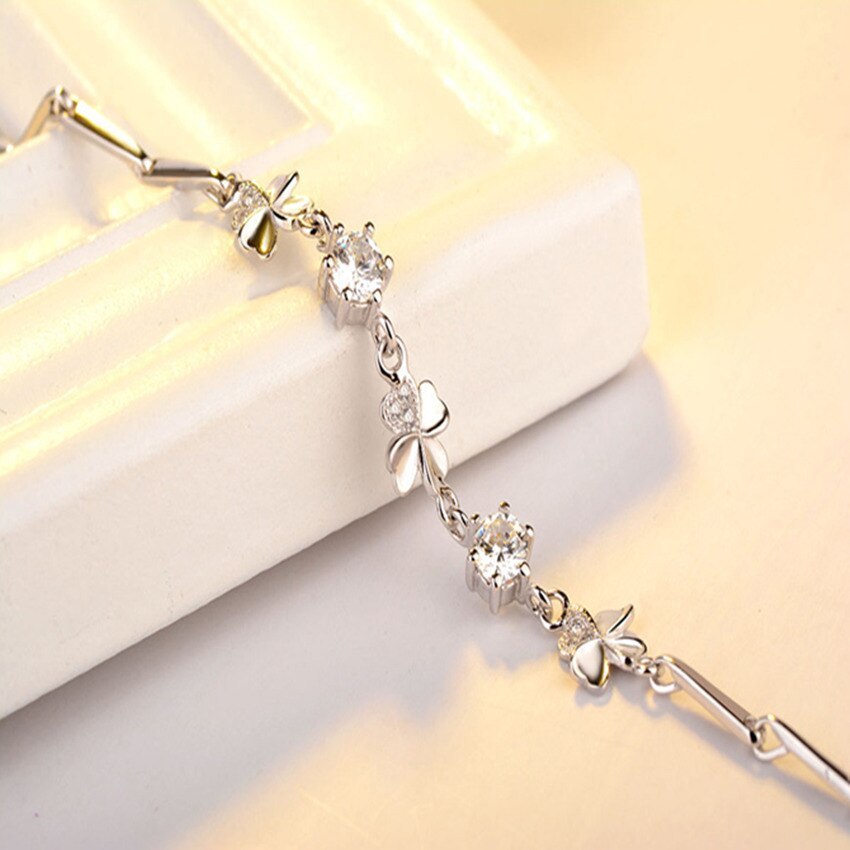 hot sale 925 Stamp Silver color Zircon Lucky Clover Bracelets crystals chain For Women Valentines Gift Wedding party Jewelry